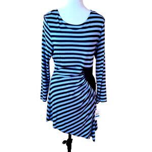ECI NY Retro Striped Asymmetrical Hem Dress XL Stretch Blue Black 80s 90s Y2K